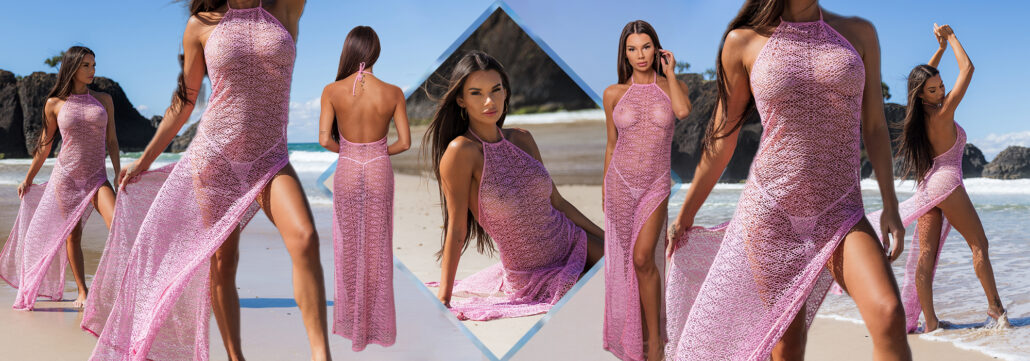 sexy micro bikini model in a pink mesh dress